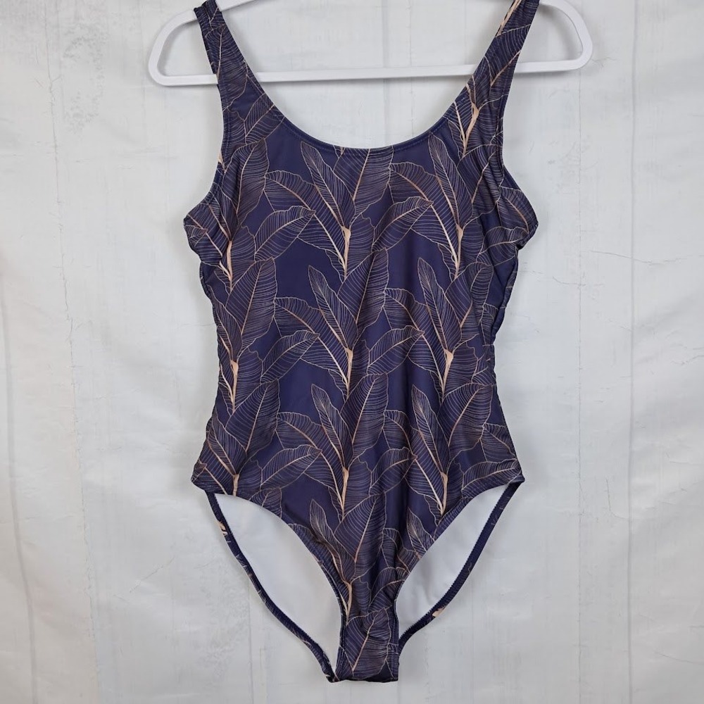 Nicole Miller M One Piece Swimsuit Scoop Back Blue & Leaf Print Botanical